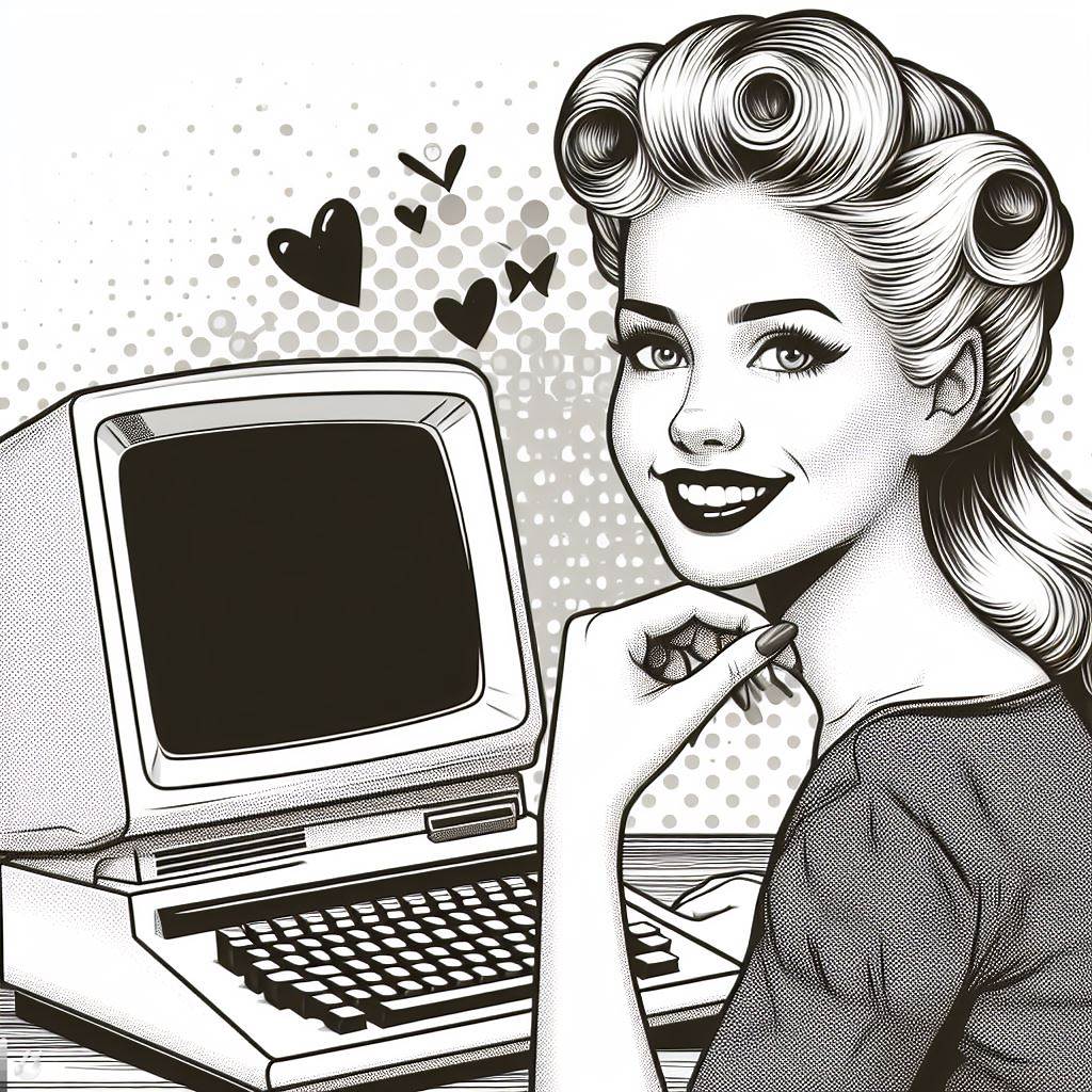 Una chica rubia con estilo de peinado de los años 50 con un ordenador antiguo de esa época sonriendo a cámara, style=Blackwork