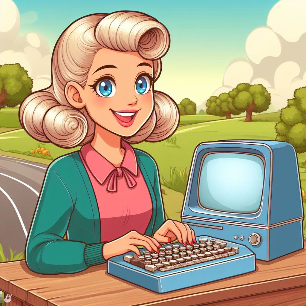 Una chica rubia con estilo de peinado de los años 50 con un ordenador antiguo de esa época sonriendo, Theme=Nature Style=cartoon