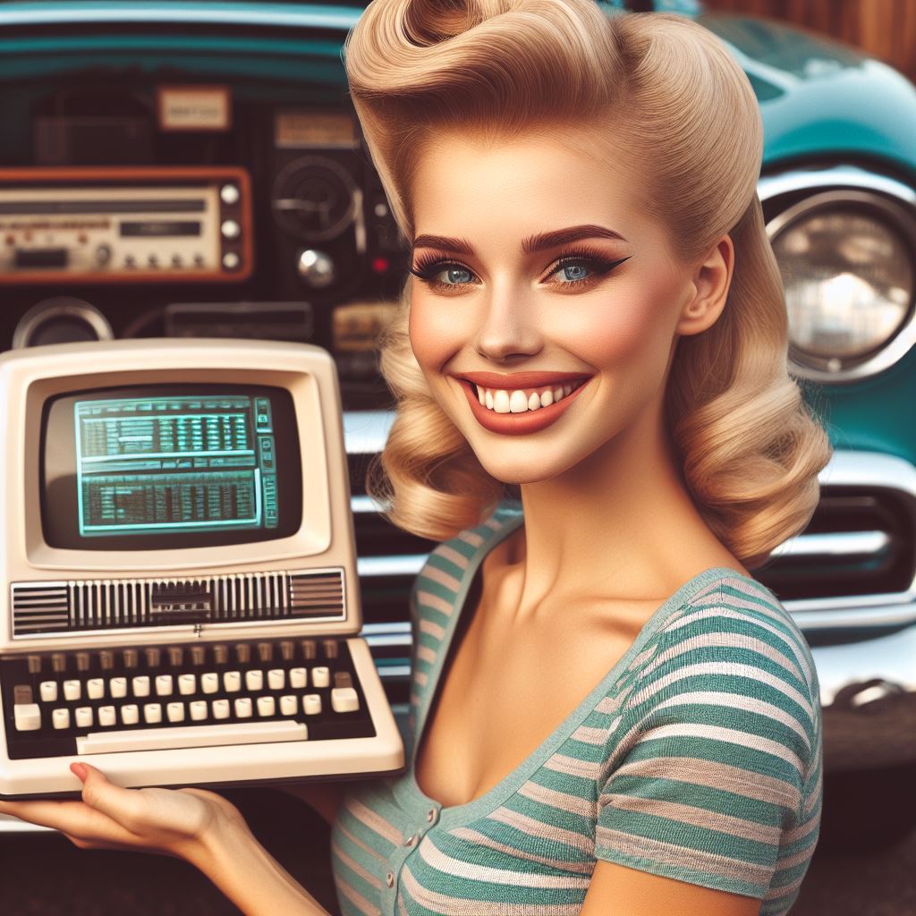 Una chica rubia con estilo de peinado de los años 50 con un ordenador antiguo de esa época sonriendo, Theme=Automobiles