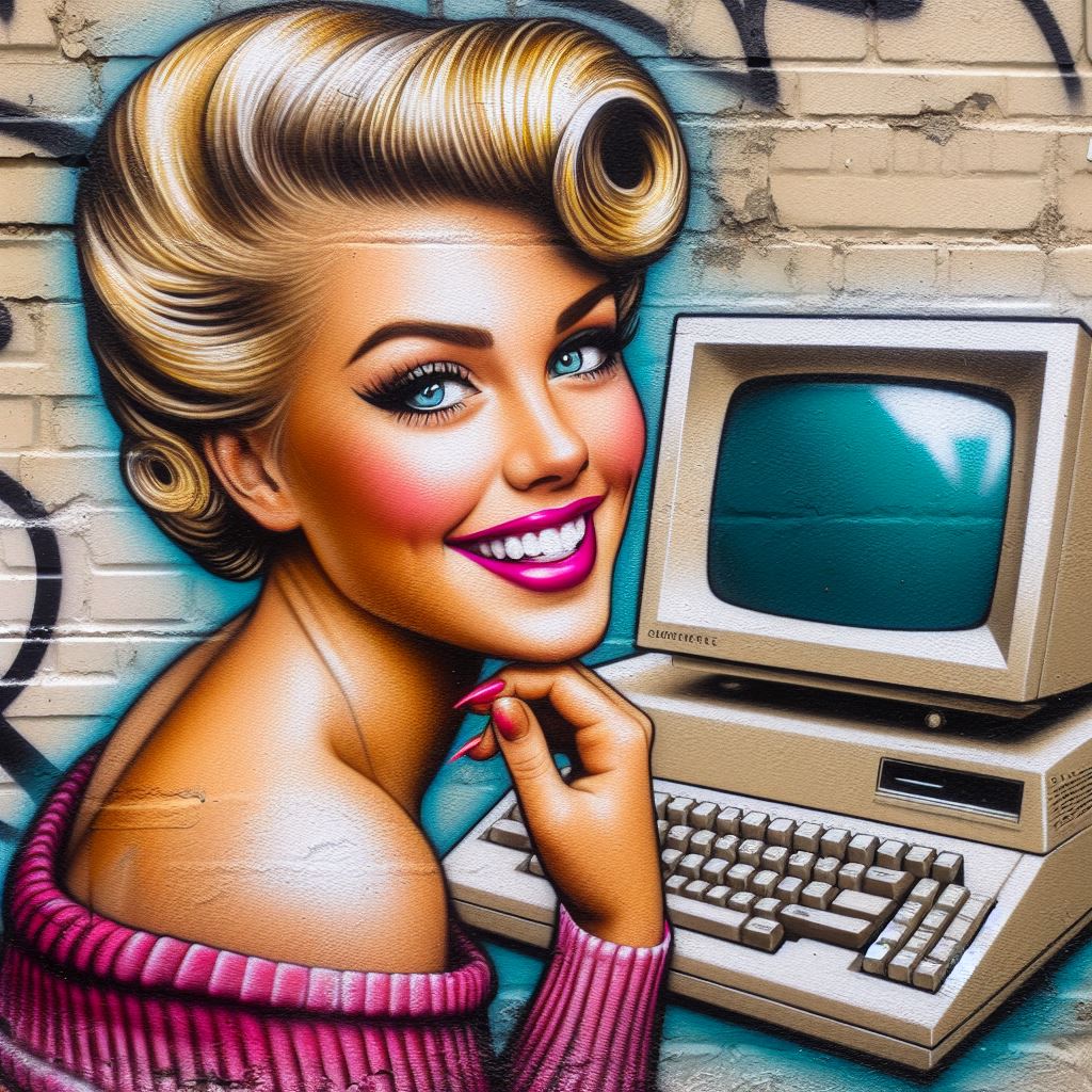 Una chica rubia con estilo de peinado de los años 50 con un ordenador antiguo de esa época sonriendo a cámara, style=Street Art