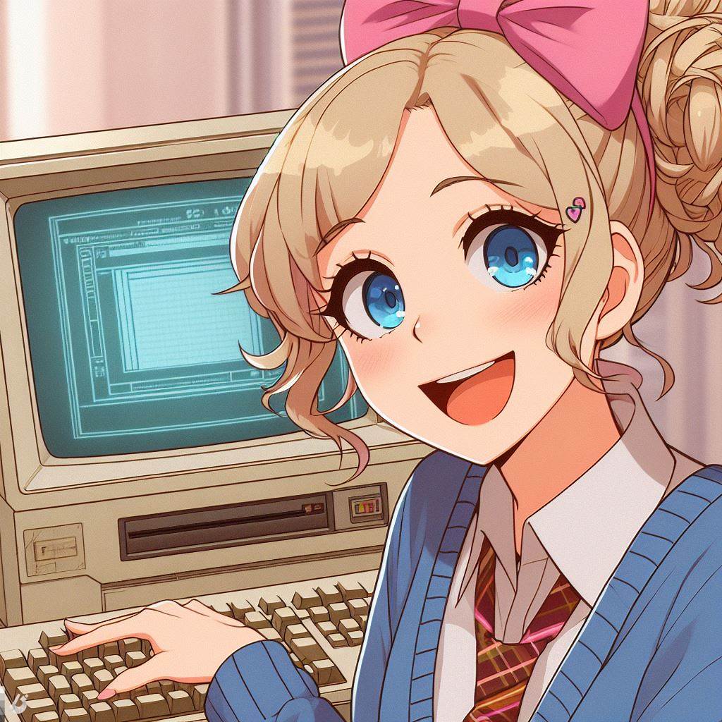 Una chica rubia con estilo de peinado de los años 50 con un ordenador antiguo de esa época sonriendo a cámara, anime