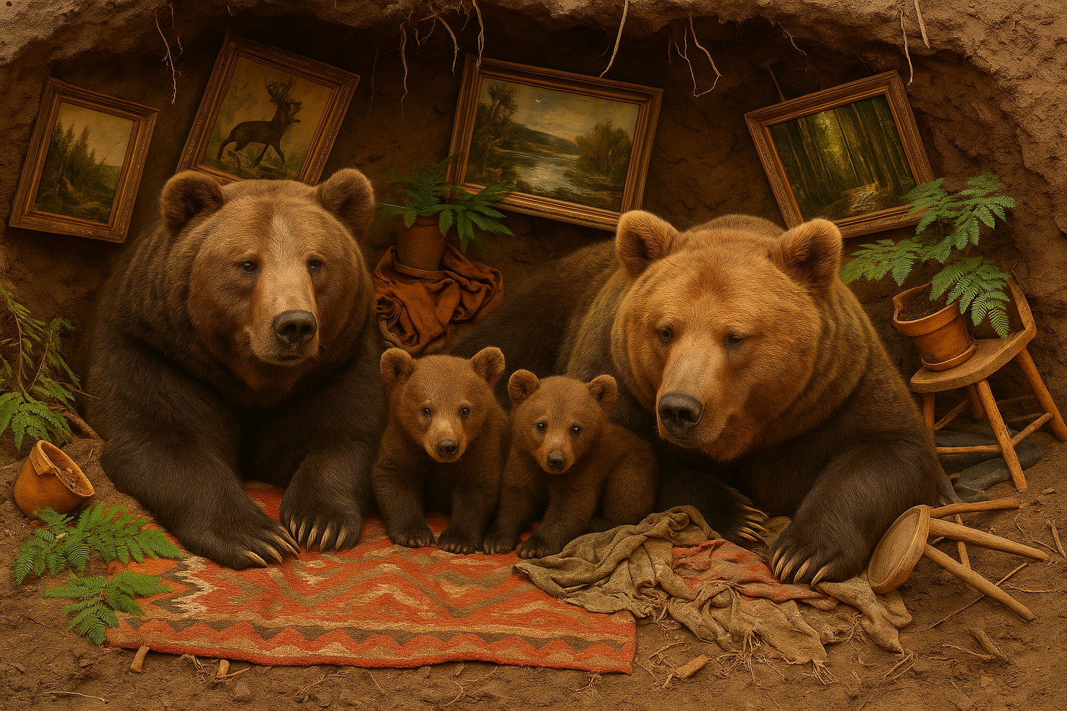 una familia de osos que se prepara para su hibernación en su guarida, está decorada con cuadros, plantas, alfombras. La composición de todos los elementos de la imagen es totalmente caótica y desordenada, pero con más luz.