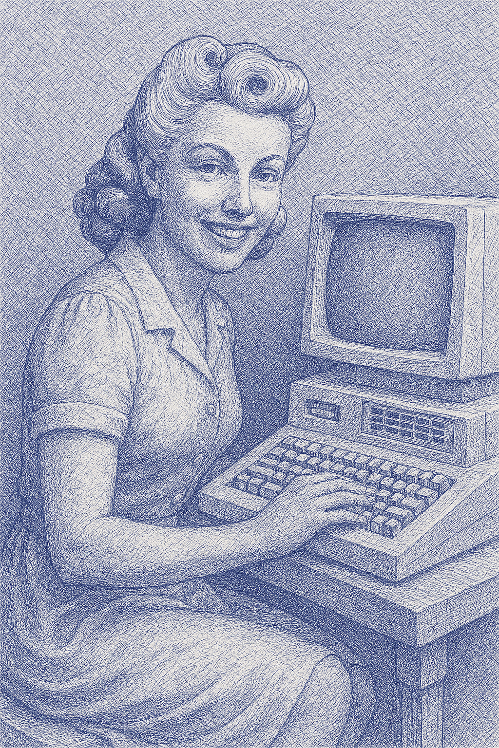 chica rubia con estilo de peinado de los años 50 con un ordenador antiguo de esa época sonriendo a cámara estilo boligrafo azul
