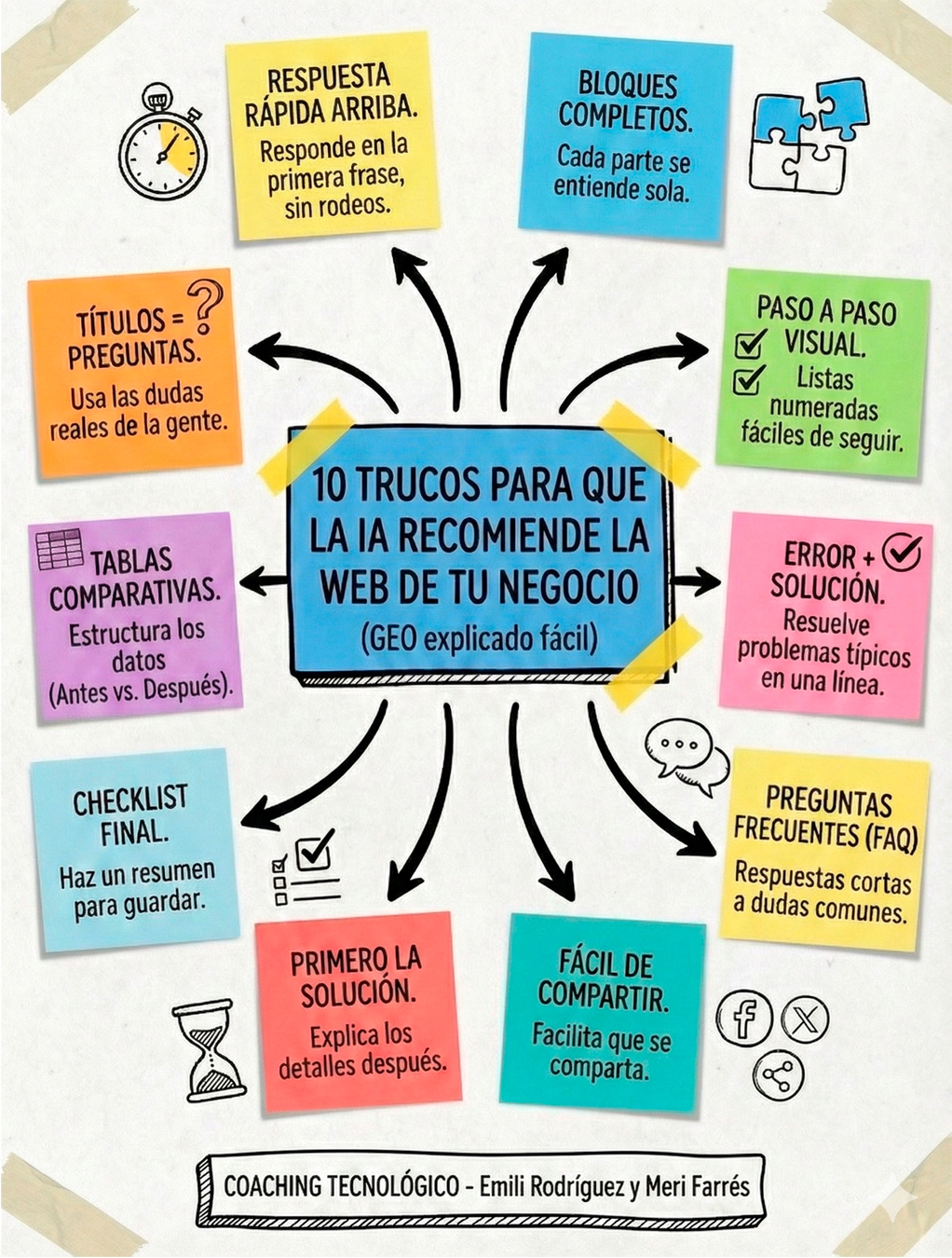 Infografía resumen de 10 trucos GEO para que la IA posicione y recomiende tu web